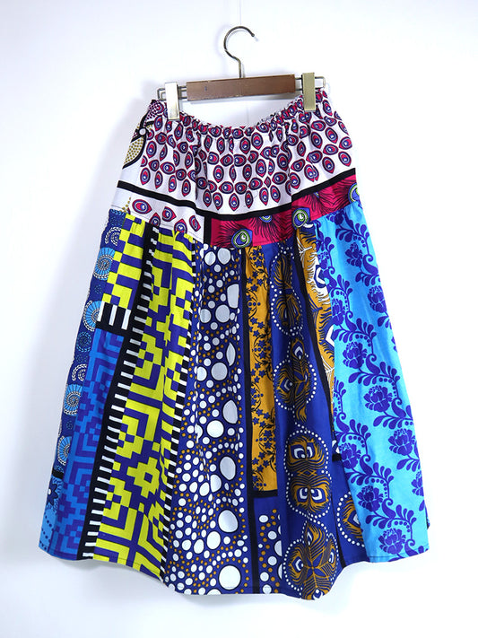 カンガのパッチワーク・ヨークロングスカート/ブルーシェル