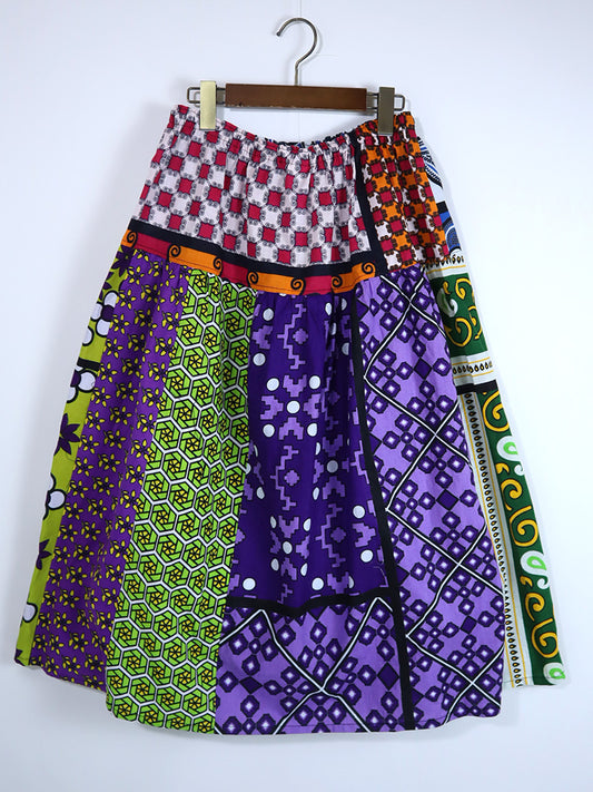 カンガのパッチワーク・ヨークロングスカート/グリーン×パープル