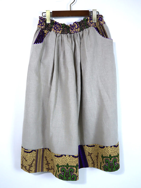 リネンのポケット付きギャザー切り替えスカート・イエロー(リネン色ナチュラル)