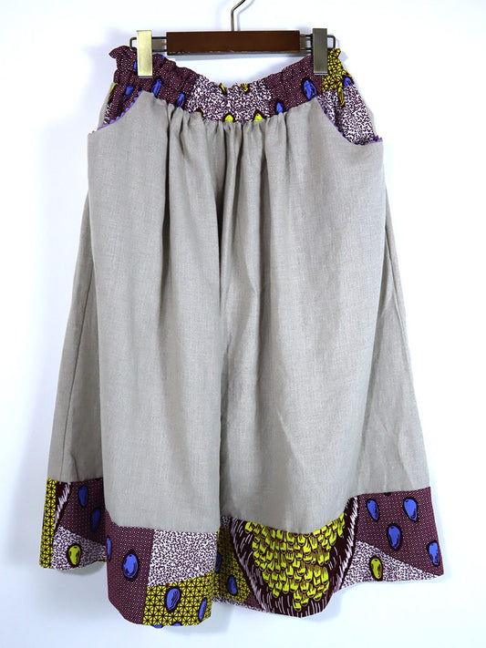 リネンのポケット付きギャザー切り替えスカート・ブルーエッグ(リネン色ナチュラル)