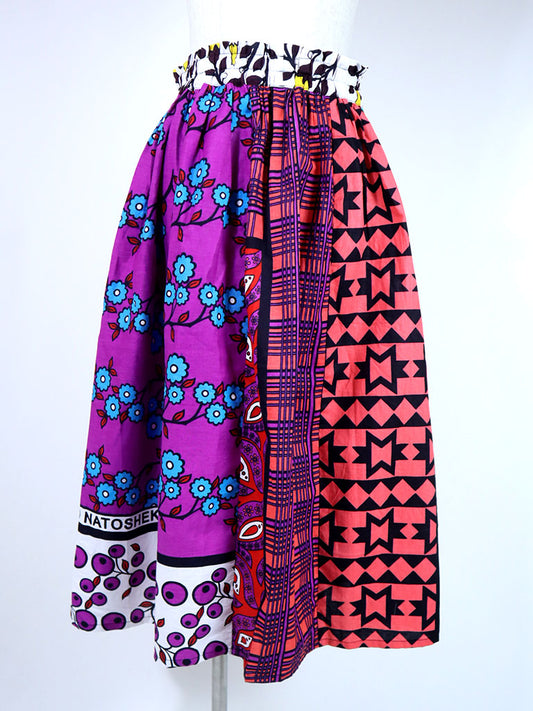 カンガのパッチワークロングスカート・パープル×ブルーフラワー