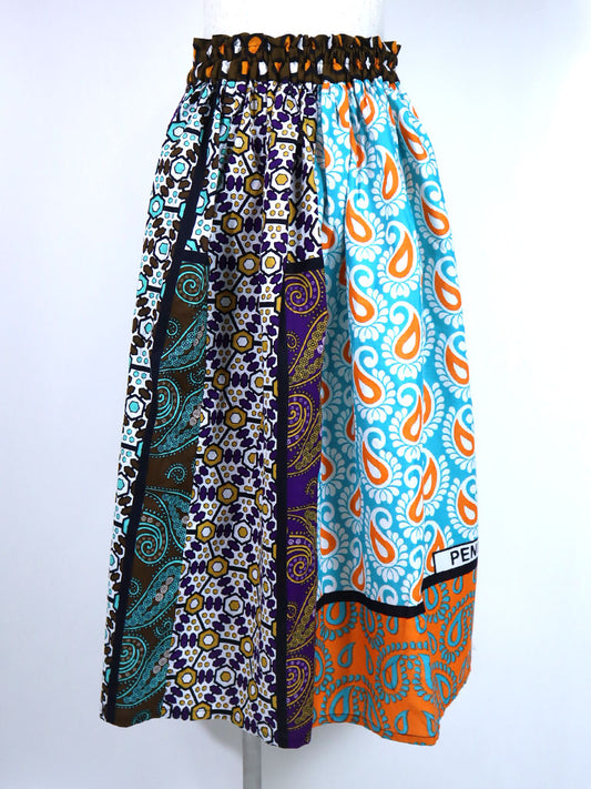 カンガのパッチワークロングスカート・ターコイズ×ペイズリー