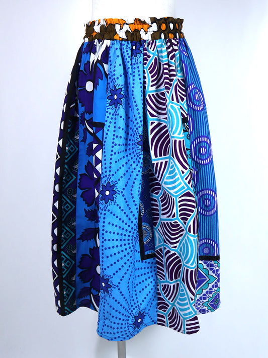 カンガのパッチワークロングスカート・ブルー×パープルサークル