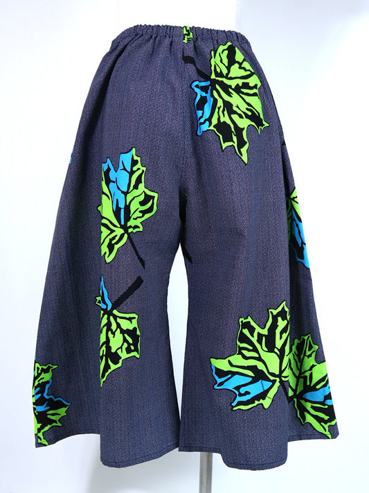 ポケット付きガウチョパンツ/ブルー&グリーンリーフ