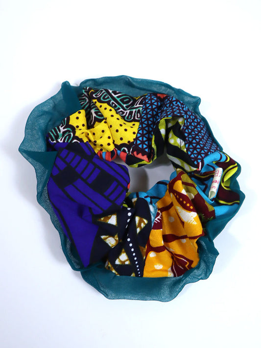 アフリカンプリントのパッチワークシュシュ・ターコイズのオーガンジーB