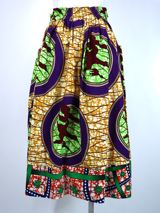 ポケット付きギャザー切り替えスカート・バード×グリーンフラワー