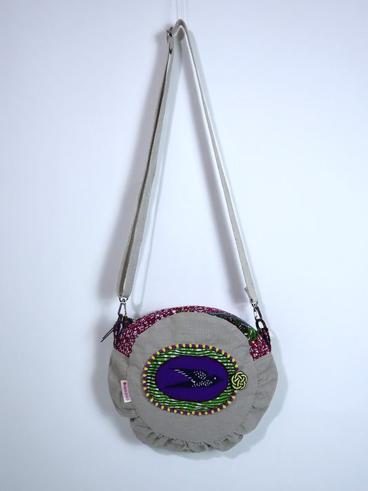 リネンのコラージュ・ショルダー・サークルバッグ・パープル×グリーン