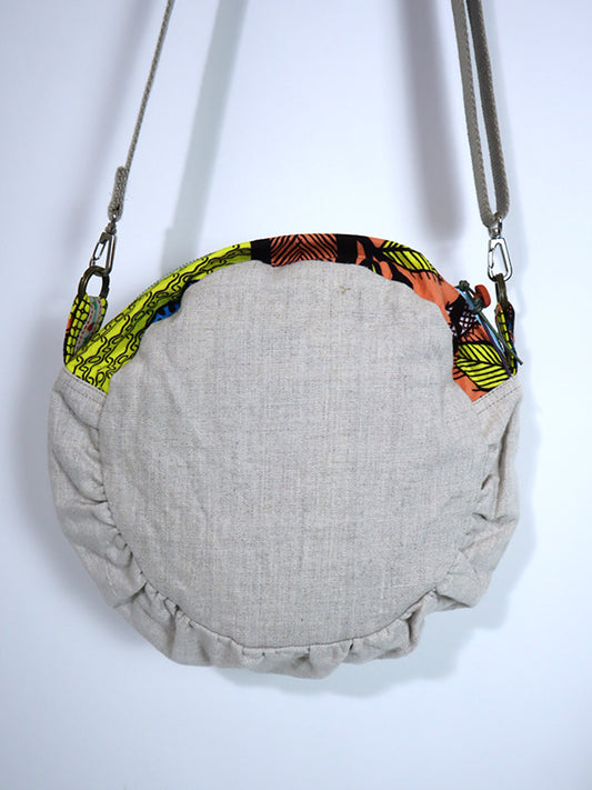 リネンのコラージュ・ショルダー・サークルバッグ・レッド×イエロー
