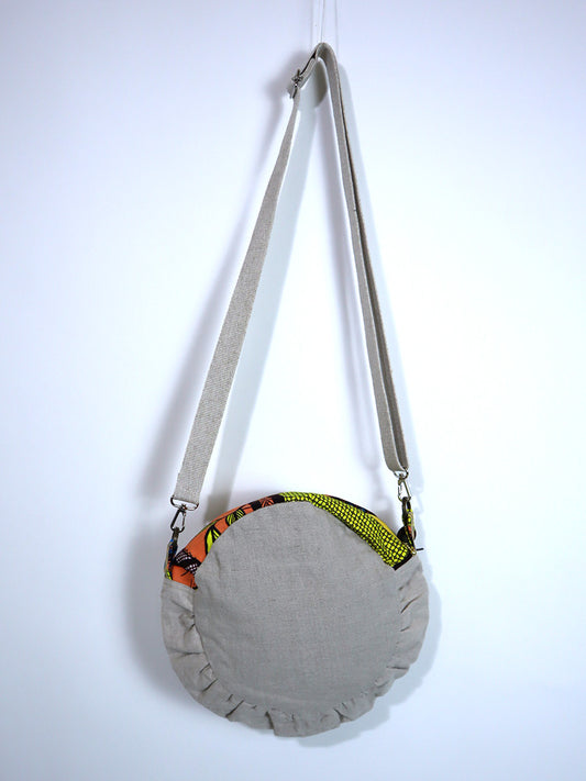 リネンのコラージュ・ショルダー・サークルバッグ・グリーン×ブルー