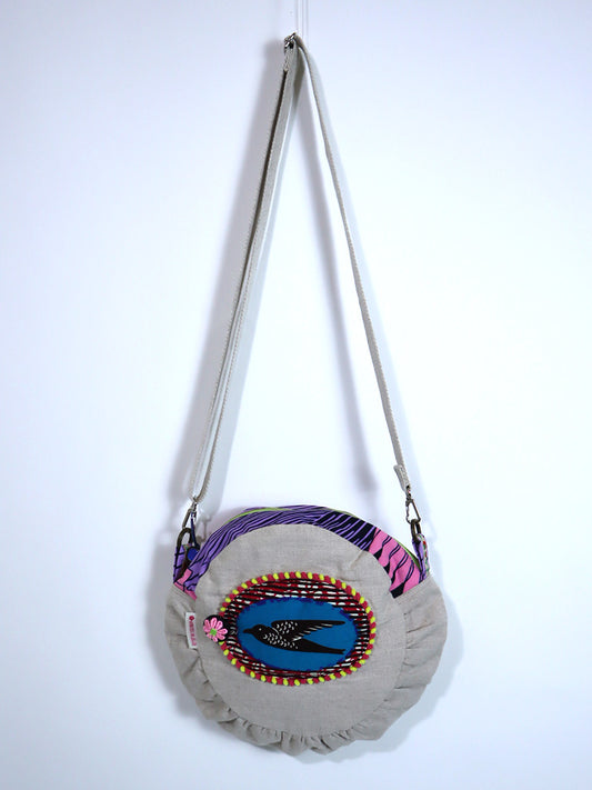 リネンのコラージュ・ショルダー・サークルバッグ・ブルー×レッド