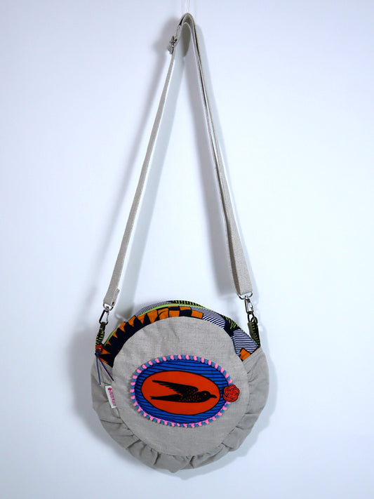 リネンのコラージュ・ショルダー・サークルバッグ・オレンジ×ブルー