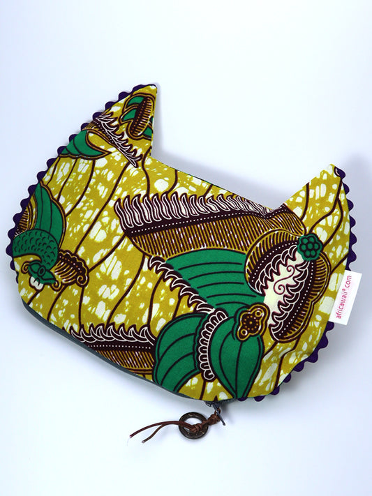 アフリカンプリントのキャットポーチ・イエロー×リーフ