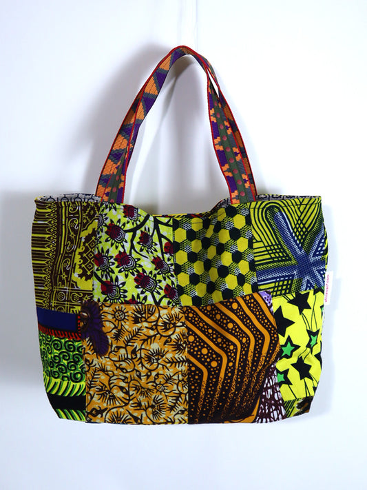 アップサイクルのパッチワーク・モチーフ・トートバッグ/イエロー×パープルのひよこ