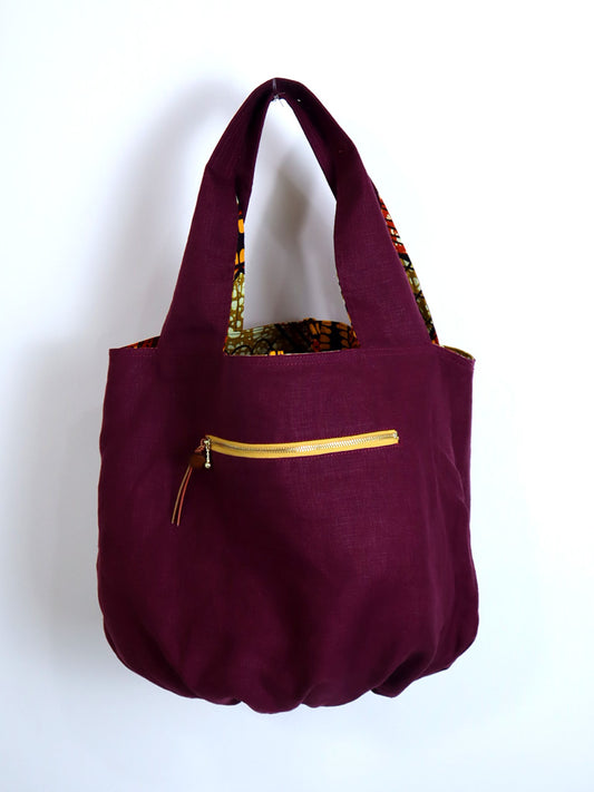 リネンのリバーシブルバッグ・オレンジライン(リネン色ボルドー)