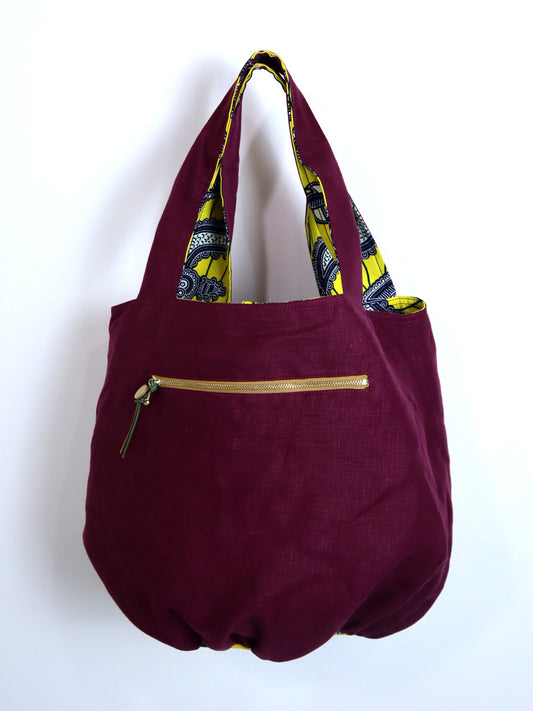 リネンのリバーシブルバッグ・イエロー(リネン色ボルドー)