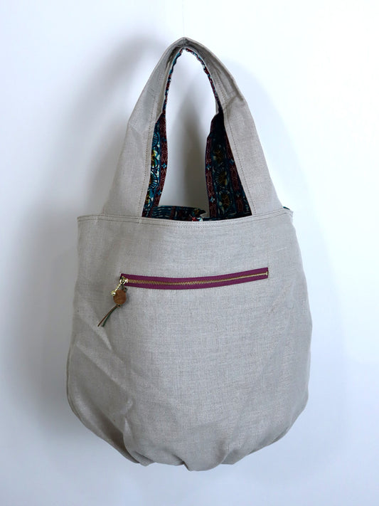 リネンのリバーシブルバッグ・ブルー×レッド(リネン色ナチュラル)