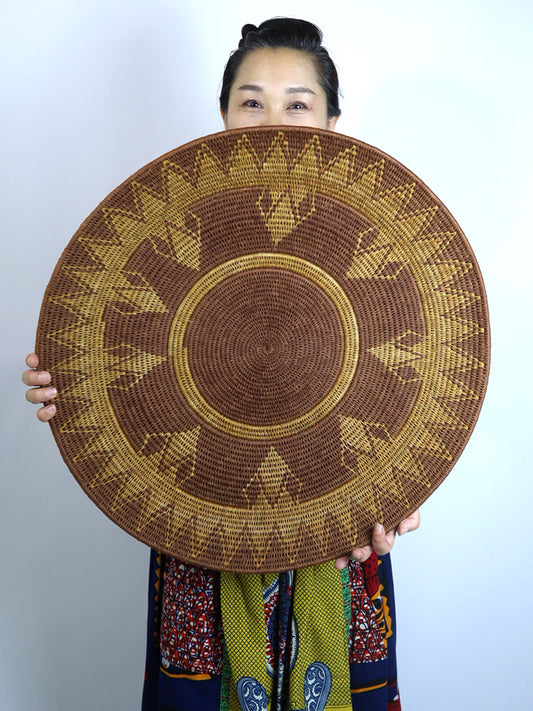 【最大サイズ】アフリカ(ジンバブエ)のサイザルバスケット/平かごボウル柄XXL-A