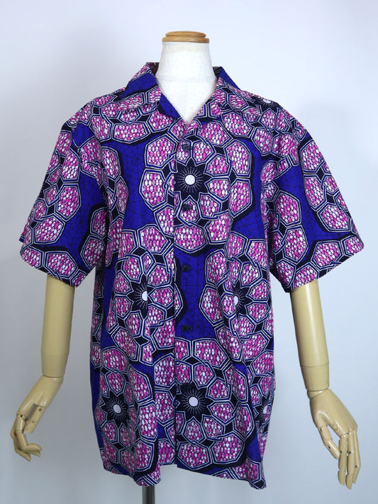 半袖シャツ・ブルー×パープルフラワー Lサイズ