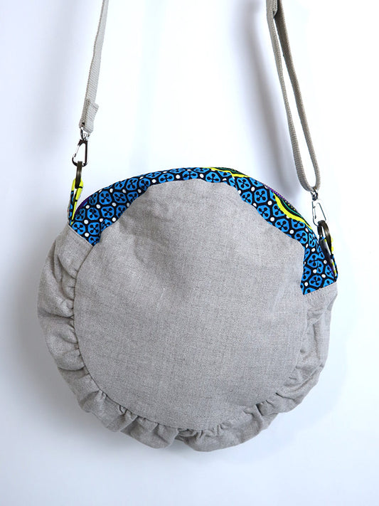 リネンのコラージュ・ショルダー・サークルバッグ・ブルー×ピンク電球