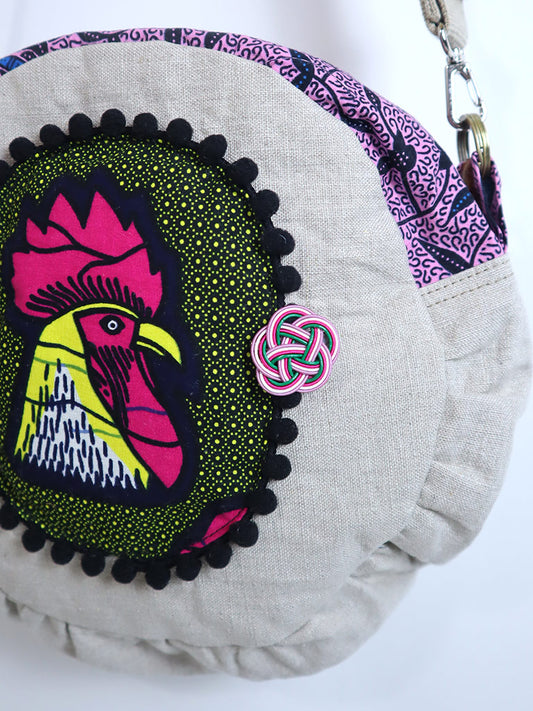 リネンのコラージュ・ショルダー・サークルバッグ・にわとり