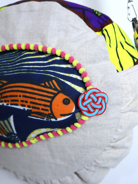 リネンのコラージュ・ショルダー・サークルバッグ・オレンジフィッシュ