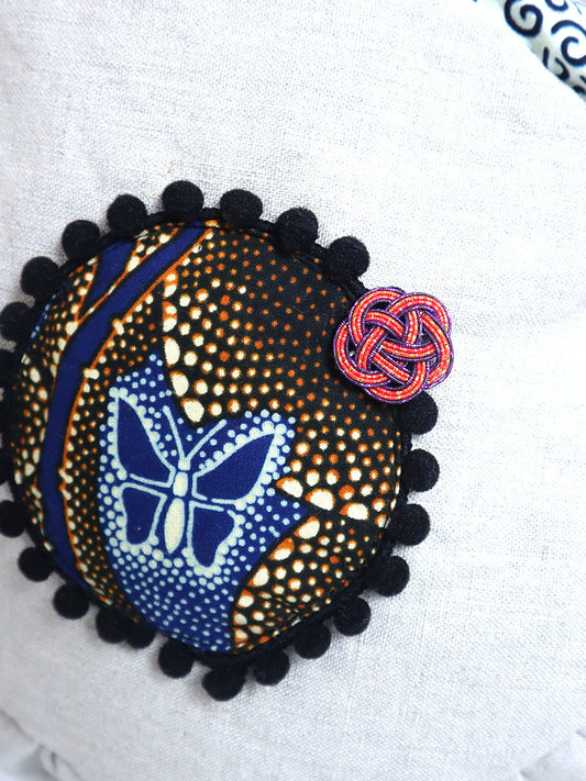 リネンのコラージュ・ショルダー・サークルバッグ・ブルーバタフライ