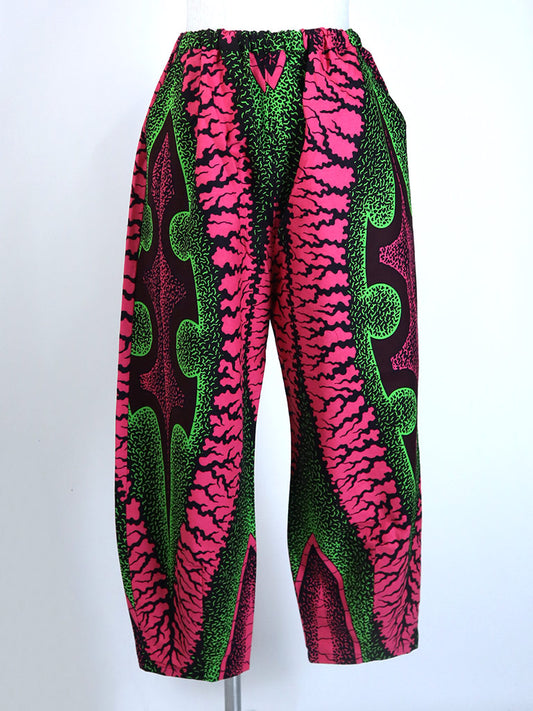 前後ポケット付きコクーンパンツ/ピンク×グリーン