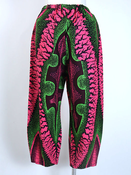 前後ポケット付きコクーンパンツ/ピンク×グリーン