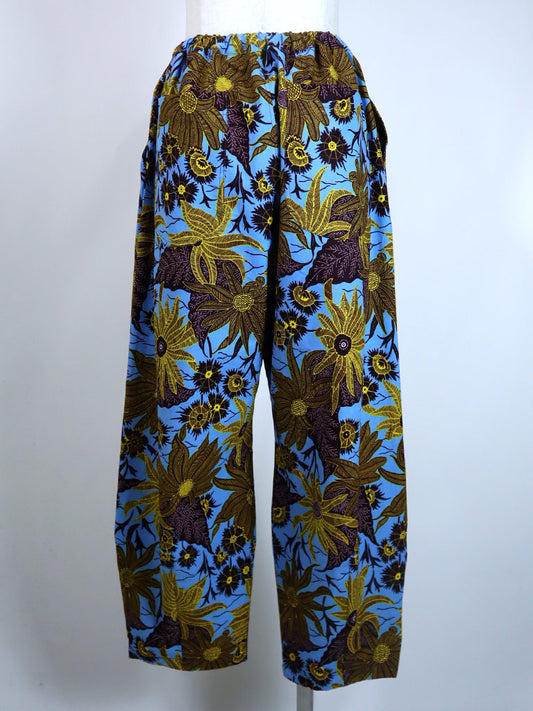 前後ポケット付きコクーンパンツ/ブルー×イエローフラワー