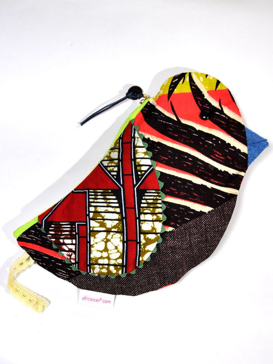 アフリカンプリントの鳥さんポーチ・レッドウィングピンクバード