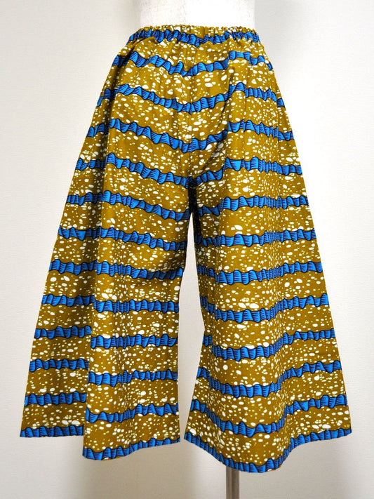 ポケット付きガウチョパンツ/オーカー×ブルーボーダー