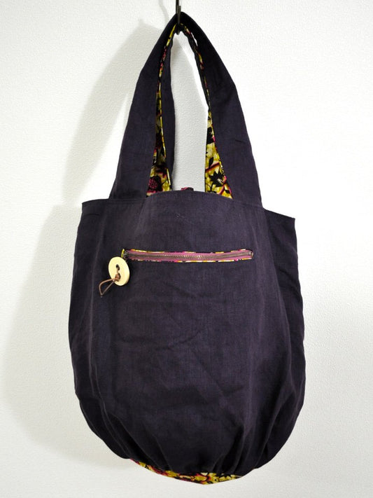 リネンのリバーシブルバッグ・イエロー×ボタニカルA(リネン色パープル)