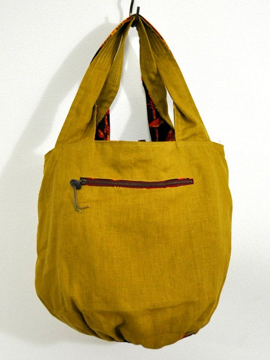 リネンのリバーシブルバッグ・ダークブラウン×オレンジサンフラワー(リネン色マスタード)