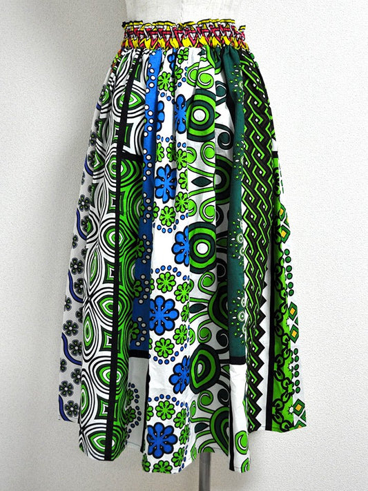 カンガのパッチワークロングスカート・グリーンペイズリー