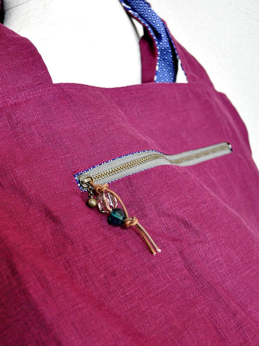 リネンのリバーシブルバッグ・ブルー×赤いコマ(リネン色ボルドー)