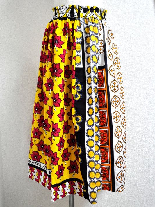 カンガのパッチワークロングスカート・イエロー×レッドフラワー