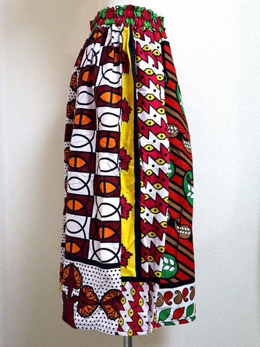 カンガのパッチワークロングスカート・レッド×グリーンペイズリー