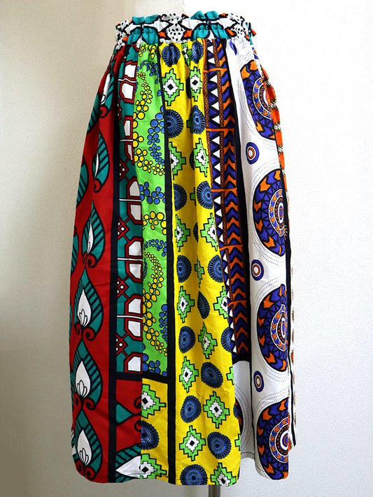 カンガのパッチワークロングスカート・グリーン×ピンクフラワー