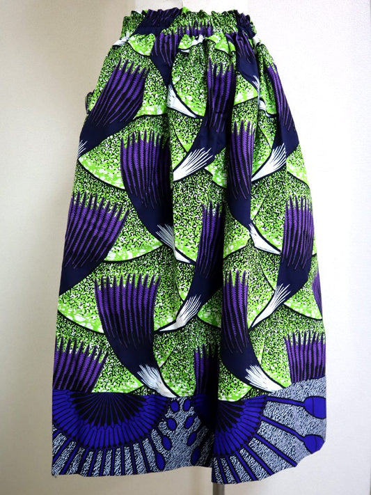 ポケット付きギャザー切り替えスカート・グリーン×パープルフェザー