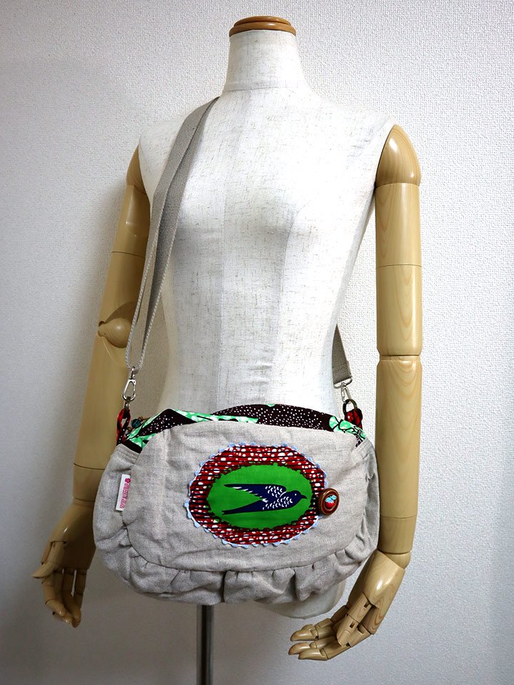 リネンのコラージュ・ショルダーバッグ・グリーンバード