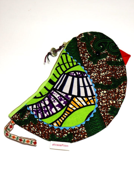 アフリカンプリントの鳥さんポーチ・グリーンボディ×レッドビーク