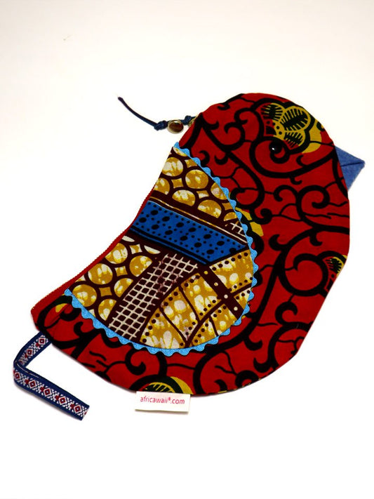 アフリカンプリントの鳥さんポーチ・レッドボディ×ブルービーク