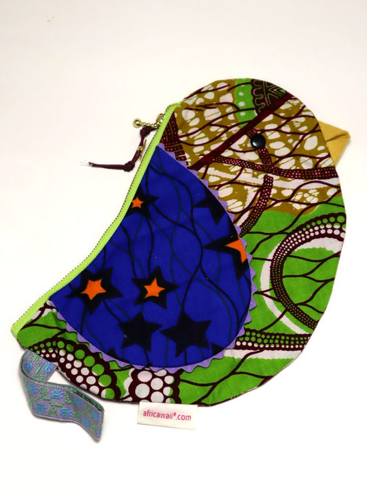 アフリカンプリントの鳥さんポーチ・グリーンヘッド×ブルーウィング