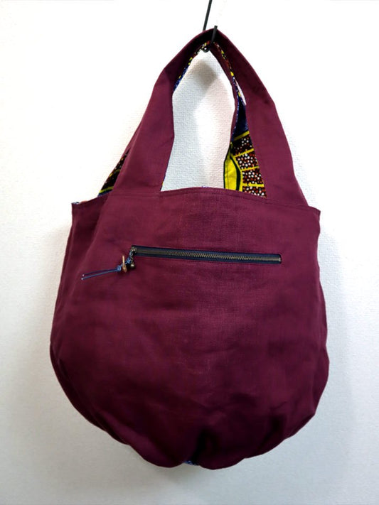 リネンのリバーシブルバッグ・ブルー×ライト(リネン色ボルドー)