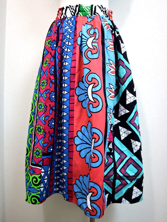 カンガのパッチワークロングスカート・レッド&ブルー