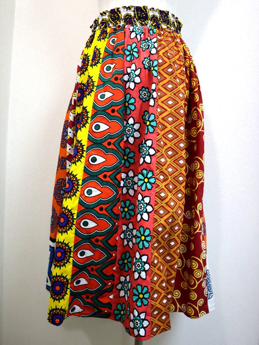 カンガのパッチワークロングスカート・オレンジ×ブルーフラワー