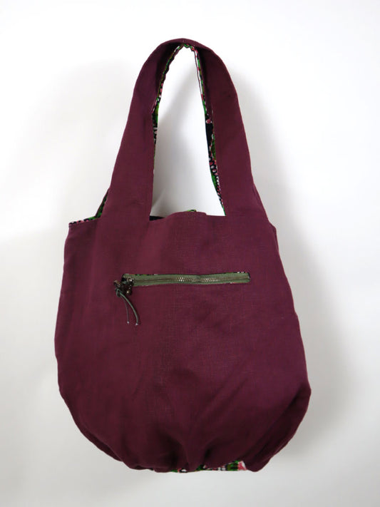 リネンのリバーシブルバッグ・グリーン(リネン色ボルドー)