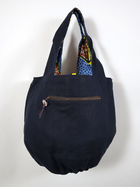 リネンのリバーシブルバッグ・ブルー×イエローライト(リネン色ネイビー)