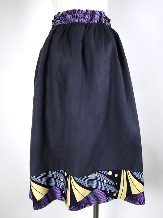 リネンのポケット付きギャザー切り替えスカート・パープル(リネン色ネイビー)