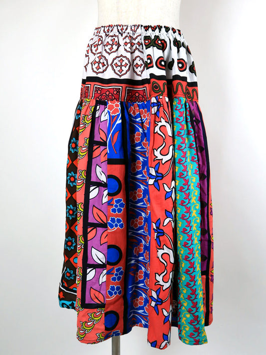 カンガのパッチワーク・ヨークロングスカート/ピンクサークル×オレンジ